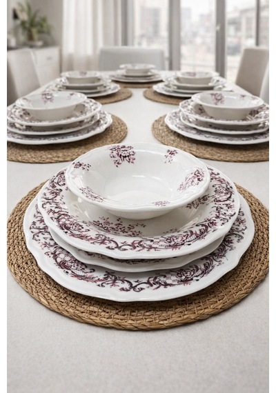 24 Parça 6 Kişilik Mürdüm Floral Desen Porselen Yemek Takımı