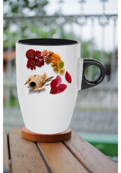 Romantik Sonbahar Baskılı Kupa Bardak Porselen Latte Filtre Kahve Fincanı Siyah