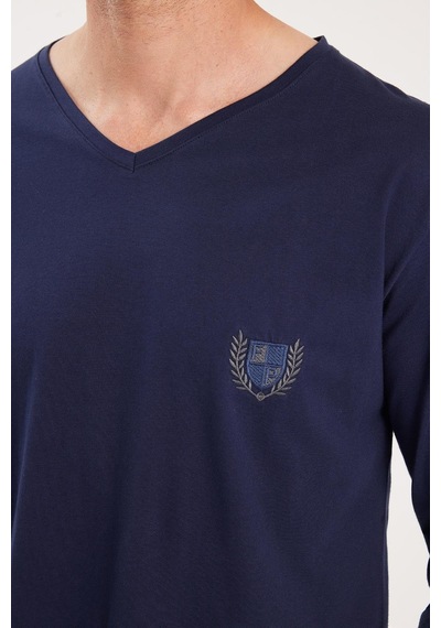 Tudors Erkek Standart Fit %100 Pamuk V Yaka Beli Lastikli Lacivert Pijama Takımı-37940 Lacivert