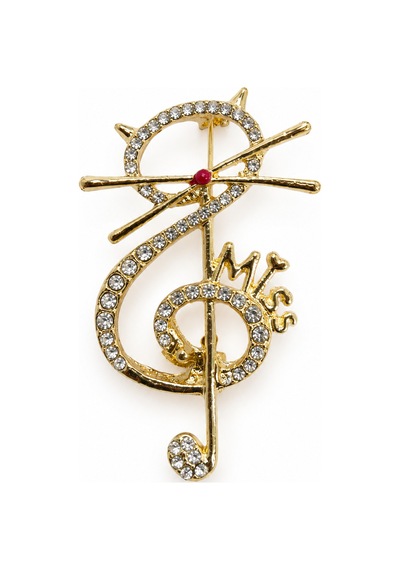 Gold Renk Kristal Taşlı Kedi Ve Müzik Notası Tasarımlı Kadın Broş İğne Açık Gri