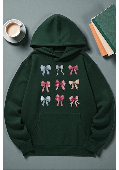 Uyguntarz Unisex Renkli Kurdele Baskılı Kapüşonlu Sweatshirt Yeşil