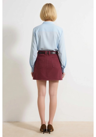 Benerly Kadın Büyük Beden Mini Denim Etek Yüksek Bel Kalem Kesim %100 Pam Bordo