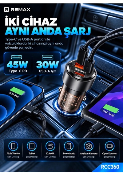 Remax Rcc360 75w Pd 45w Type-c Ve Qc 30w Usb-a Şeffaf Araç Şarj Cihazı