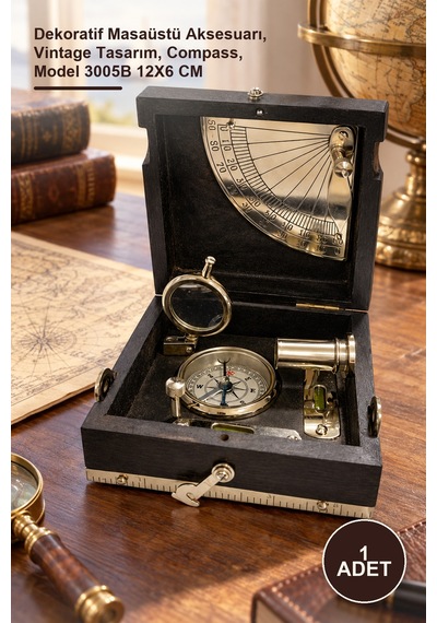 1 Adet Ahşap Kutulu Pirinç İşlemeli Pusula Dekoratif Masaüstü Aksesuarı, Vintage Tasarım, Compass, Model 3005b 12x6 Cm