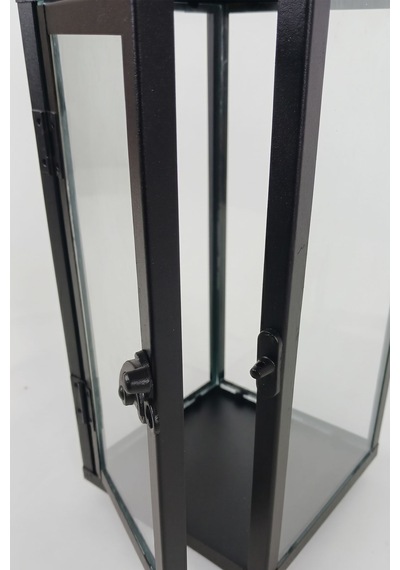 Cam Panelli 31 Cm Metal Mumluk Fener - Askılı Dikdörtgen Dekoratif Şamdan Siyah