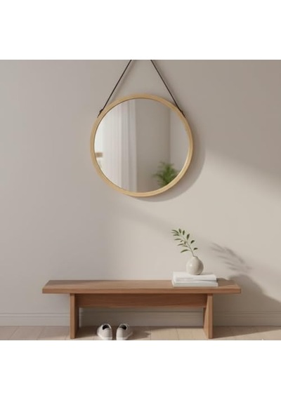 Ahşap Çerçeveli Yuvarlak Duvar Aynası 40 Cm Askılı Halatlı, Modern Minimal Dekoratif Ayna Açık