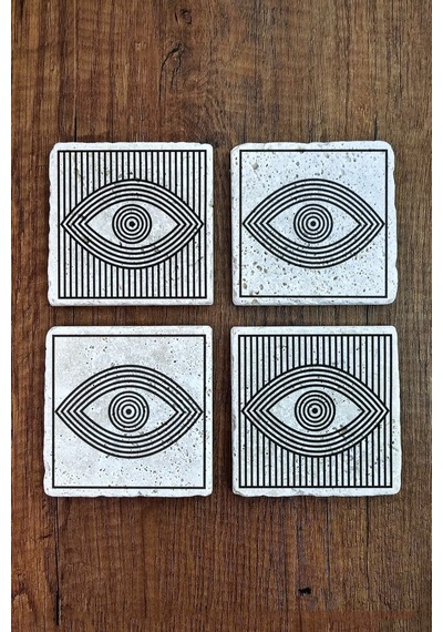 Doğal Taş Bardak Altlığı - 4lü Set - Eye Göz Bardak Altlığı Çok Renkli