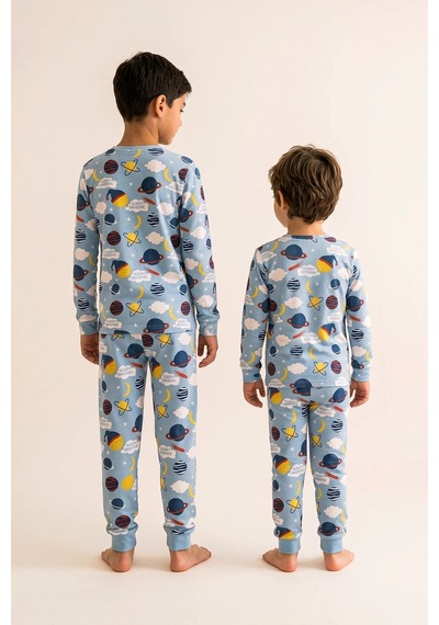 Zuzunga Kısa Kollu Planet Pattern Erkek Çocuk Pijama Takımı Mavi