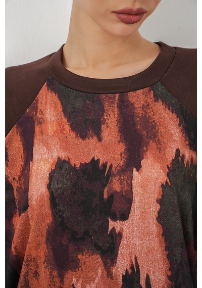 Bigdart Kadın Desenli Oversize Tunik Pantolon İkili Takım 55462 - Kahverengi