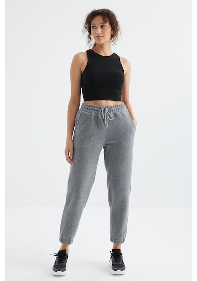Gri Melanj Yüksek Bel Basic Bağcıklı Jogger Polar Kadın Eşofman Alt - 94622 GRİ MELANJ