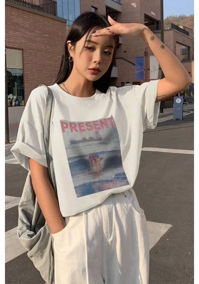 Uyguntarz Unisex Present Baskılı Oversize Tshirt Beyaz