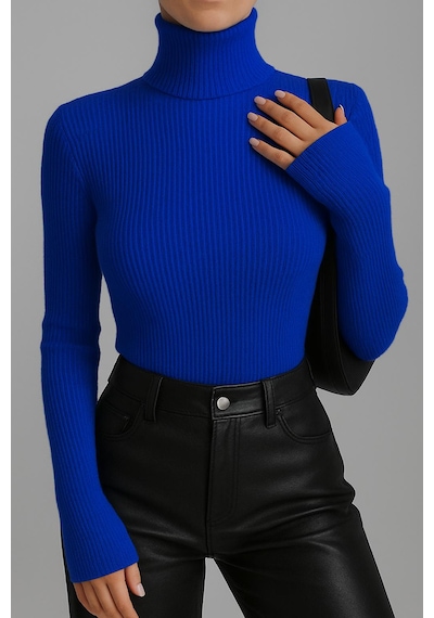 Catspy Unisex Premium Pamuklu Balıkçı Yaka Kaşkorse Şardonlu Slimfit Boğazlı Kazak Saks Mavi
