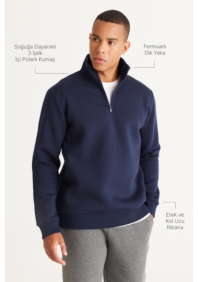AC&Co / Altınyıldız Classics Standart Fit Normal Kesim İçi Polarlı Bato Yaka Pamuklu Erkek Sweatshirt Lacivert