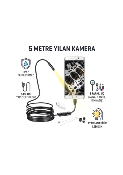 Özel Üretim Esnek Görüntüleyici Hırdavat Ürünü 5 Metre Yılan Kamera Led Işıklı Ip67
