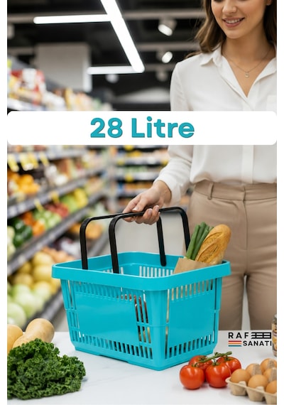 5 Adet - 28 Litre Plastik Market Alışveriş Sepeti Saplı Dayanıklı Market Mağaza El Sepeti Turkuaz