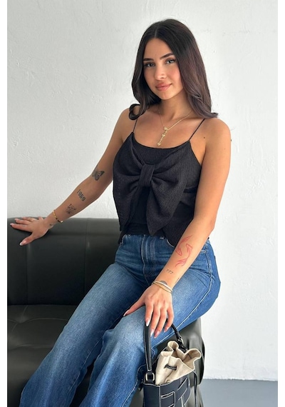 Kadın Fiyonk İnce Askılı Triko Atlet Romantik & Dokulu Stil Siyah