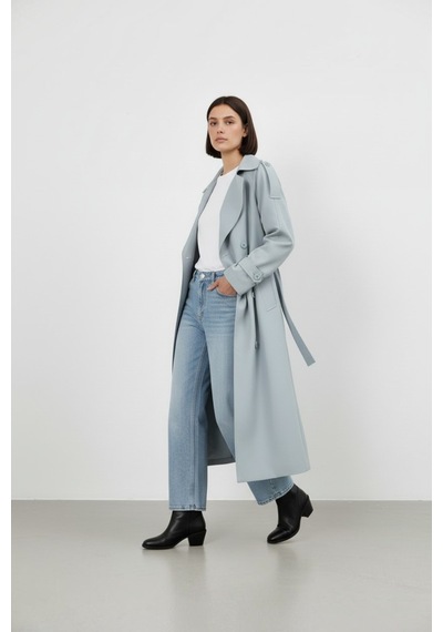 Durivya Düğme Detaylı Oversize Trençkot Bebe Mavisi