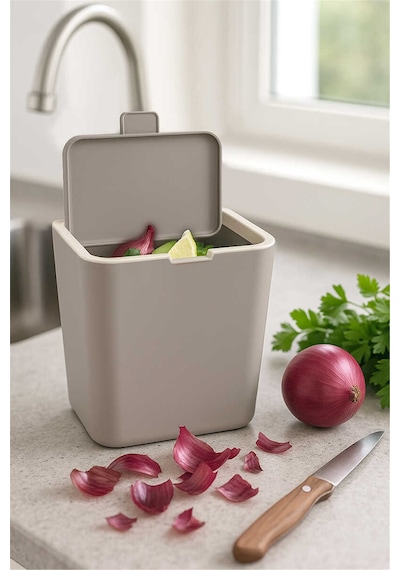 Flip 6 Lt Banyo Mutfak Tezgah Üstü Çöp Kovası - Kum Beji-7361 Bej