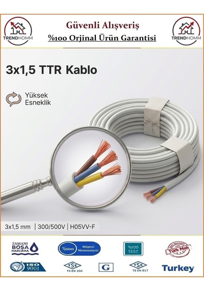 Trendhomm 3x1,5 Ttr Elektrik Kablosu - Uzatma Ara Kablo - 20 Metre