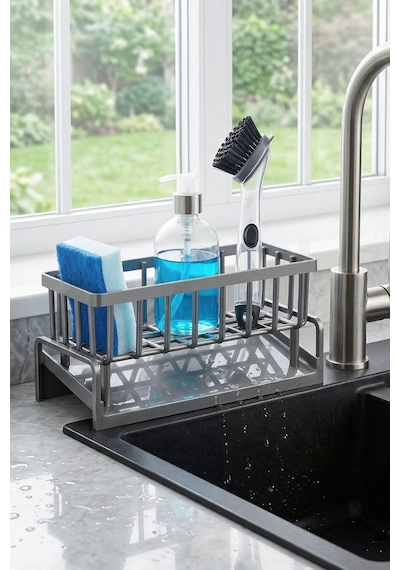 Lavabo Organizeri Tezgah Üstü Abs Plastik Mutfak Organizer Banyo Düzenleyici Evye Üstü Süngerlik Sabunluk Organizer Su Hazneli Gri Raf Metalik Gri Çok Renkli 59608258