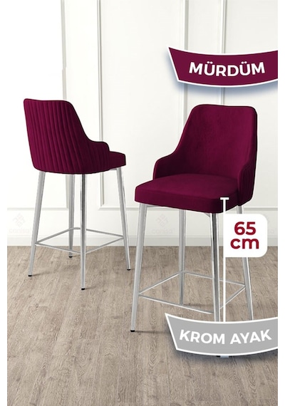 Canisa Tera Serisi 1 Adet Babyface Kumaş 65 Cm Krom Kaplama Ayaklı Mürdüm Bar Sandalyesi Mürdüm Sandalye Krom Kaplama Ayak