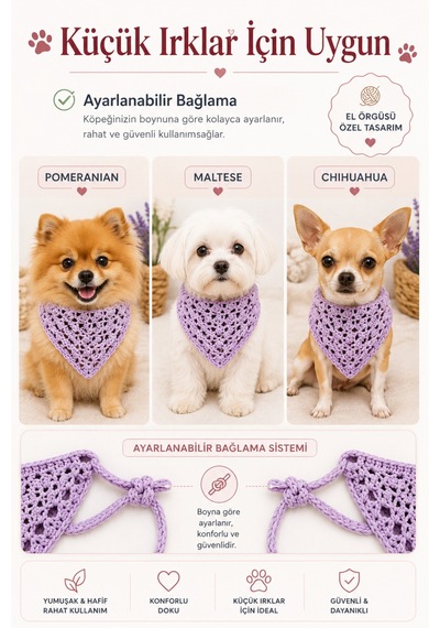 Kadın & Köpek Kombin El Örgüsü Minik Dost Bandana Seti Ayarlanabilir Evcil Hayvan Sahip Kombini Bohem Tasarım Mor