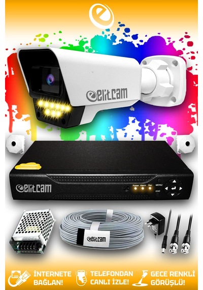 Elitcam 1 Kameralı Süper 1 Dış Kamera Set HDD'siz 5 MP 2K Net Renkli Gece Görüşlü Güvenlik Kamerası Sistemi