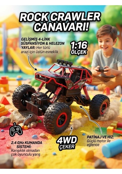 Rock Crawler 1:16 Ölçek 4x4 Uzaktan Kumandalı Buggy Jeep 27 Mhz Kumanda Kontrollü Oyuncak Jeep Kırmızı