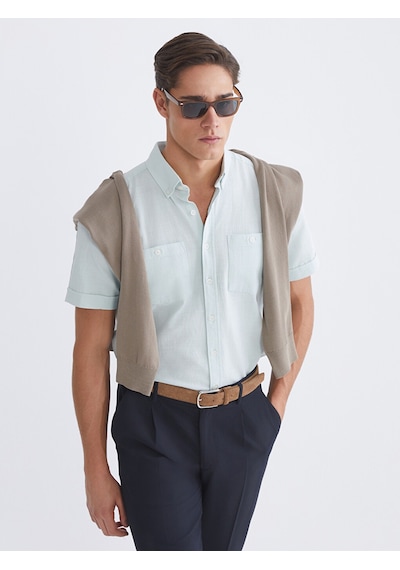 Lcwaıkıkı Classic Turkuaz Regular Fit Kısa Kollu Erkek Dokulu Gömlek