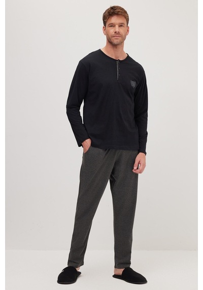 Tudors Erkek Standart Fit Normal Kesim %100 Pamuk Bisiklet Yaka Beli Lastikli Antrasit Pijama Takımı-37943 Antrasit