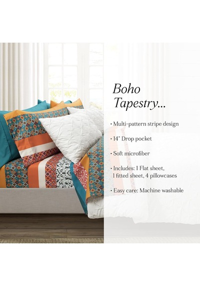 Boho Çizgili Yumuşak Çarşaf 6 Parça Set, Kraliçe, Turkuaz Ve Mandalina Çok Renkli