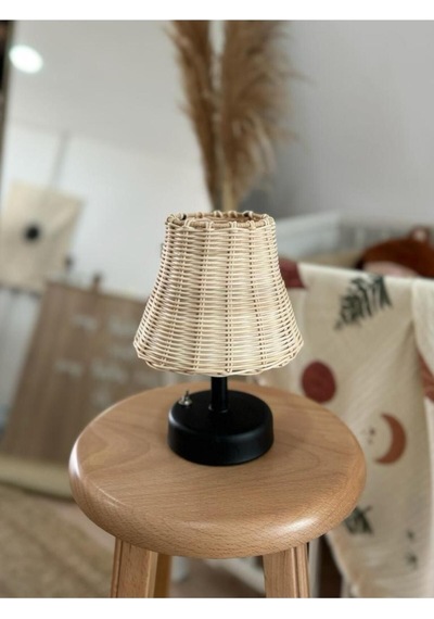 Rattan & Bambu Masa Üstü Kablosuz Pilli Abajur Masa Lambası Siyah