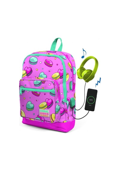 Coral High Makaron Desenli Usb Şarjlı Kulaklık Çıkışlı Okul Sırt Çantası 23261