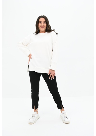 Kadın Büyük Beden Oversize Yırtmaç Detaylı Sweatshirt 1865-25 Ekru