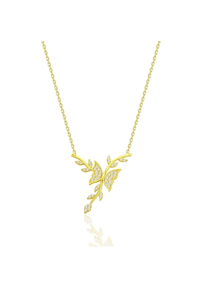 Gümüş Altın Yaldızlı Zirkon Taşlı Dalda Dans Eden Kelebek Kolye Barcode Gümüş - Rose Gold