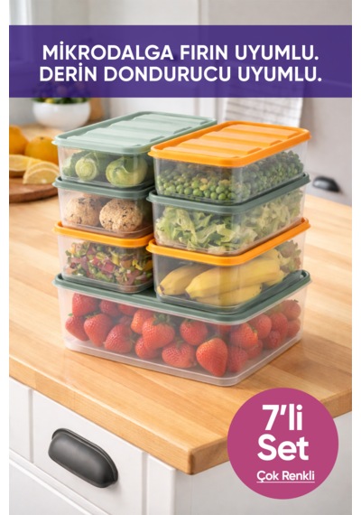 Vinoa 7'li 1x3.5 Litre + 6x1.65 Litre Bpa Free Mikrodalga Ve Difrize Uygun Yıkanabilir Saklama Kabı Çok Renkli