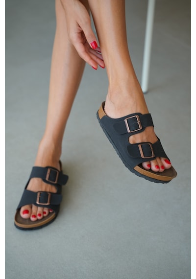 Selin Shoes Noir Çift Ayarlanabilir Tokalı Kadın Terlik- Siyah
