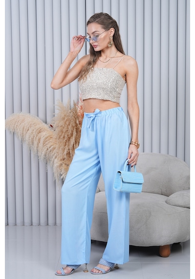 Polologin Butik Beli Bağcıklı Yüksek Bel Bol Paça Açık Mavi Pantolon Mavi