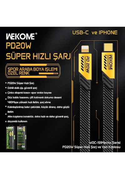 Wekome  WDC-191 Type-c to Lightning PD20W Veri Ve Şarj Kablosu Gri