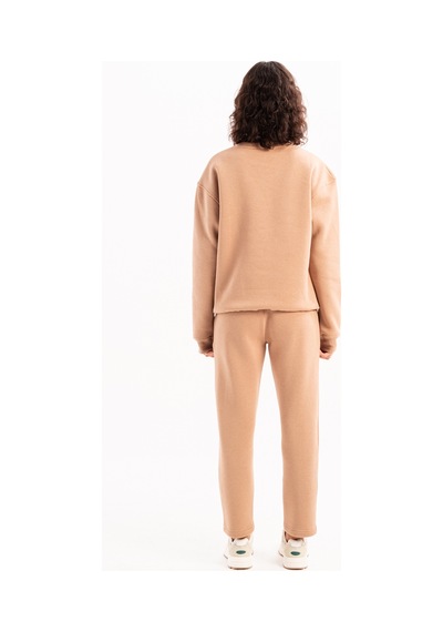 Justever Bisiklet Yaka Nakışlı Şardonlu İçi Polarlı Vizon Kadın Sweatshirt - Rigil Vizon