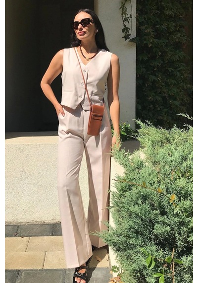 4 Sisters Fashion Bej Yelek Pantolon Takım - Bej 4 Sisters Fashion Bej Yelek Pantolon Takım - Bej
