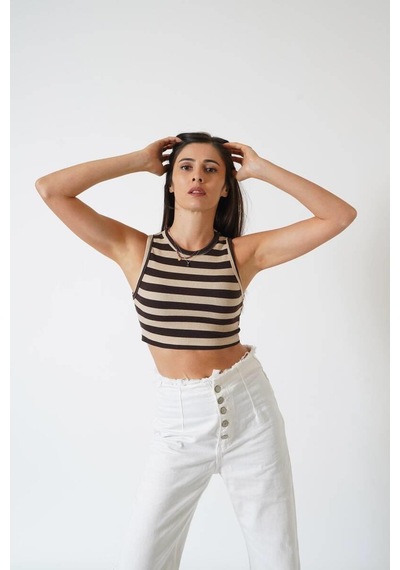 Ckm Moda Adrian Yüksek Kalite Kadın Yuvarlak Yaka Çizgili Crop Bluz Kahve