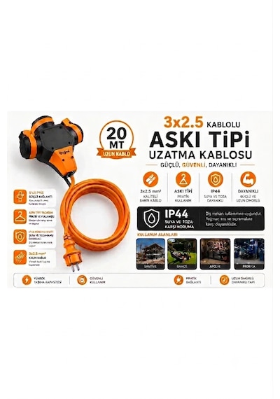 Askı Tip 3 Lü Uzatma Kablosu 20 M
