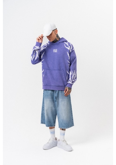Respire Erkek War Baskılı Yıkamalı Kapüşonlu Oversize Hoodie Mor