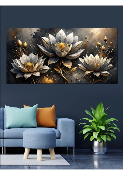 Kanvas Tablo Altın Beyaz Lotus Çiçekleri