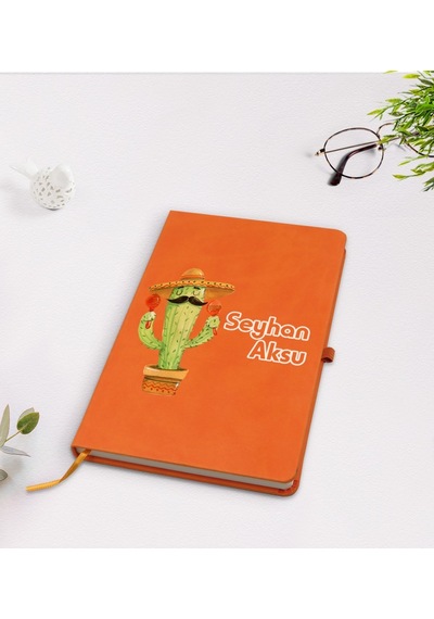 Kişiye Özel Kaktüs Tasarımlı Turuncu Termo Deri Defter Model 7