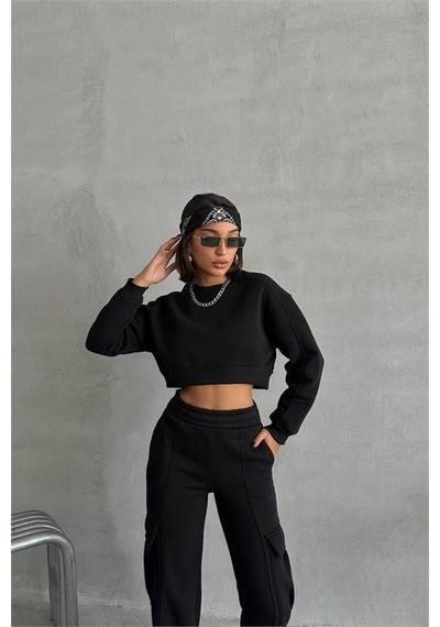 Dip Moda Kadın Bisiklet Yaka Crop Eşofman Takımı Dpnbg041 Siyah