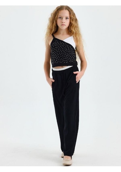 Kız Çocuk Taşlı Askılı Crop Bluz-15567 Siyah