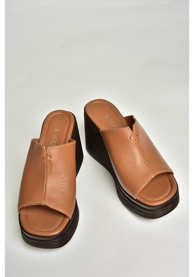 Fox Shoes P555961203 Taba Hakiki Deri Dolgu Topuklu Kadın Terlik Taba-hakiki Deri Taba