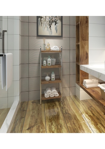 Sahra Krom 4 Katlı Ahşap Raf Banyo Köşe Rafı Düzenleyici Organize Krom